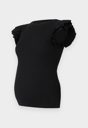 Svart ribbet graviditetst-skjorte med korte volangermerker, tettsittende fasong og stretchy stoff som tilpasser seg den voksende magen.
