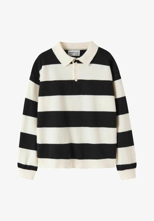 Must-haves triibulise mustriga polo-sviiter must-valge, millel on krae, kolm nööpi ja pikad varrukad soonikkoes. Pehme, kudumise tekstuur.