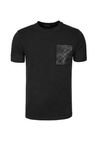 Black short-sleeve t-shirt made of cotton, featuring a textured black pocket with a geometric pattern on the left chest area.