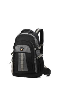 Zaino nero e grigio realizzato in tessuto resistente. Caratterizzato da più scomparti, tasche con cerniera, spallacci regolabili e tasche laterali in rete.