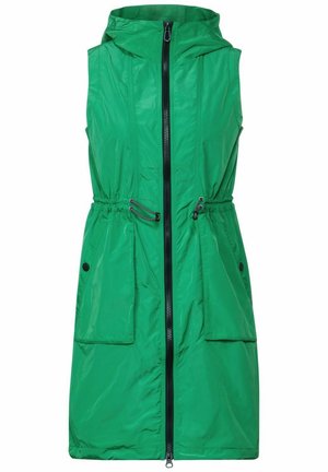 Groene mouwloze jas met een capuchon, voorzien van een ritssluiting aan de voorkant, een elastische trekkoord taille en twee grote voorkeurszakken. Glad, lichtgewicht materiaal.