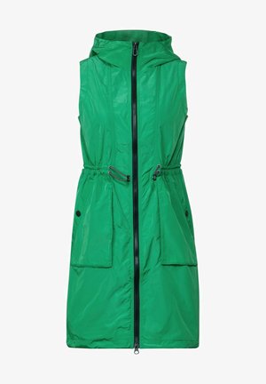 Veste sans manches verte avec capuche, dotée d'une fermeture éclair à l'avant, d'une taille élastique avec cordon de serrage et de deux grandes poches avant. Matériau lisse et léger.