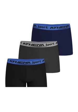 Trois paires de boxers de sport pour hommes ; couleurs : marine, noir et gris. Chaque modèle possède une ceinture élastique avec la marque « ATHENA Sport ». Tissu texturé visible.