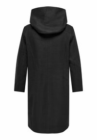 Manteau noir avec une capuche, fabriqué dans un tissu texturé. Présente un design droit, des manches longues et une coupe mi-longue. Look simple et fonctionnel.