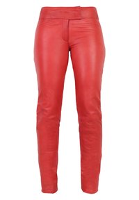 Rode leren broek met een gladde textuur, slim fit en een licht verkorte lengte. Heeft een brede tailleband en een voorkeurszak.