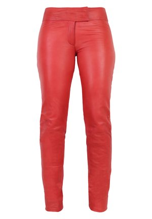 Red leather pants with a smooth texture, slim fit, and a slightly cropped length. Features a wide waistband and front pocket.