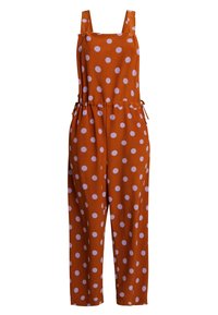 Pomarańczowy ogrodniczki z dużymi purpurowymi kropkami, z regulowanymi ramiączkami i dopasowaną talią, wykonany z miękkiego materiału o luźnym kroju.