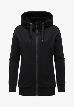 Zwarte hoodie met ritssluiting gemaakt van zachte stof, voorzien van een capuchon met trekkoord, zijzakken, geribbelde mouwen en een subtiel logo op de borst.
