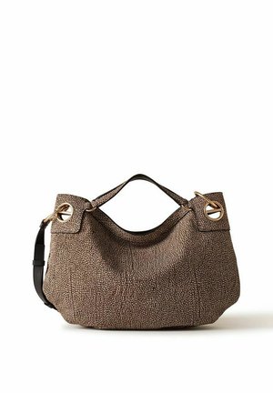 Brown textured leather handbag with gold-tone circular hardware and a single black adjustable shoulder strap.