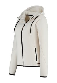 Witte hoodie met ritssluiting en zwarte trekkoorden, zwarte afgewerkte ritssluitzakken en een fleece-gevoerde binnenkant, van opzij getoond op een witte achtergrond.