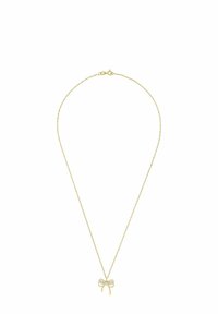 Collar de oro con una cadena delicada que presenta un colgante de lazo adornado con pequeñas piedras claras. Diseño simple, ligero y de apariencia elegante.