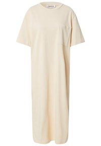 Lichtbeige, katoenen jurk met korte mouwen, een relaxte pasvorm, een ronde halslijn en een borstzak. Gladde textuur, knielange stijl.