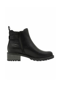 Black leather ankle boot with side zipper, low chunky heel, pull tab, and textured sole, styled for casual or formal wear.