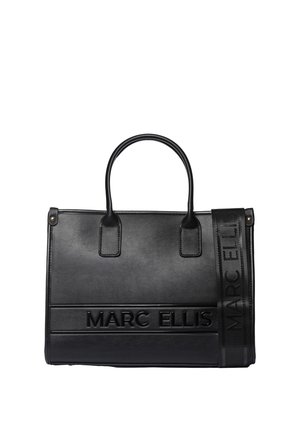 Sac à main en cuir noir avec doubles anses et une bandoulière amovible, avec "MARC ELLIS" embossé à l'avant et sur la sangle.