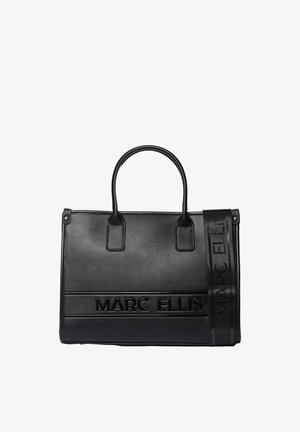 Sac à main en cuir noir avec doubles anses et une bandoulière amovible, avec "MARC ELLIS" embossé à l'avant et sur la sangle.
