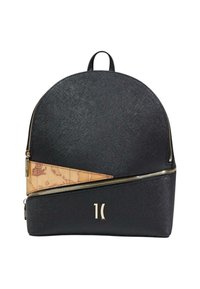 Sac à dos noir texturé avec une fermeture éclair oblique et un panneau en détail de carte marron, arborant un petit logo doré au centre inférieur avant.