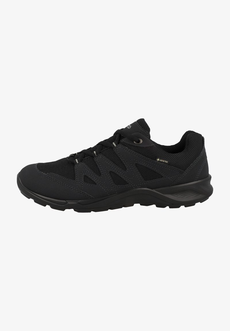 Black hiking shoes with a mesh upper, textured accents, and a cushioned sole. Features stretch laces and a logo on the side.