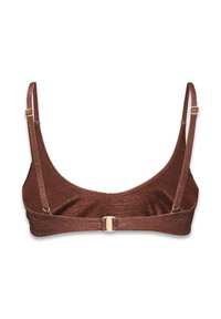 Brązowy, lśniący biustonosz typu bralette z cienkimi ramiączkami, dekoltem w serek oraz złotym zapięciem z tyłu. Gładka tekstura z minimalistycznym designem.