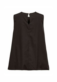 Svart ärmlös topp med en nyckelhålsklippning på baksidan. Mjuk tyg, avslappnad passform och en söm som går ner i mitten.