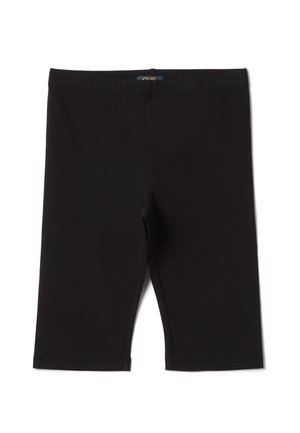 Shorts noirs extensibles mi-genoux avec une taille élastique, posés à plat sur un fond blanc.