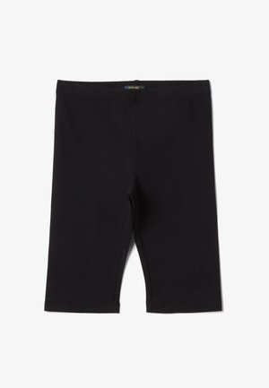 Schwarze, knielange Stretch-Shorts mit elastischem Bund, flach auf weißem Hintergrund liegend.