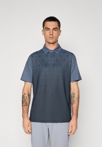 Navy blue short-sleeve polo shirt features a subtle geometric pattern, a collared neck, and a smooth, textured fabric.