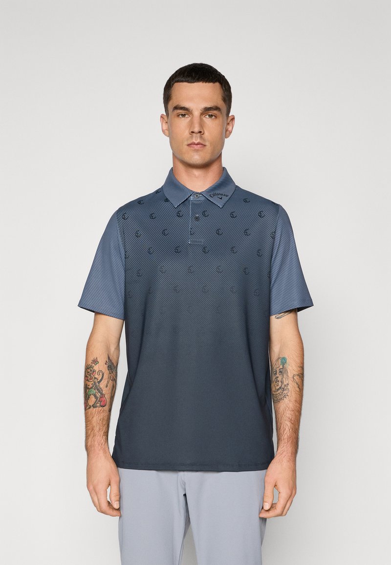Navy blue short-sleeve polo shirt features a subtle geometric pattern, a collared neck, and a smooth, textured fabric.