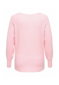 Rosa ribbestrikket genser med bred hals, lange puffede ermer og rett kant. Laget av mykt strikkemateriale med en strukturert overflate.