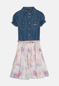 Denim dress with a collared top and short puff sleeves, featuring two chest pockets, a pink belted waist, and a floral tiered skirt in pastel colors.