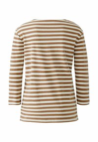 Brown and cream striped long-sleeve top with a round neckline and side slits, made from soft cotton material.