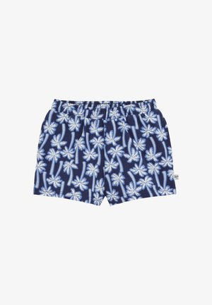 Pantaloni da bagno blu navy con motivo a palme bianche, vita elastica e tessuto leggero. Etichetta di cura attaccata all'orlo.