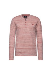 T-shirt henley à manches longues en corail avec un motif texturé rayé. Il présente une patte de boutonnage et un petit logo sur la poitrine.