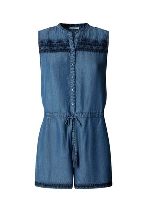 Ärmelloser blauer Denim-Overall mit Knopfleiste vorne, schwarzen Stickereien auf der Brust und am Saum sowie einem gebundenen Taillenband mit Quasten.