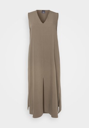 Rinnatu okserroheline kleit pehmest materjalist, V-kaelusega, külgmiste lõhedega ja sirge lõikega, sobib kihiliseks kandmiseks.