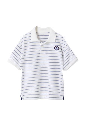 White short-sleeve polo shirt with thin blue horizontal stripes and a small round "Long Island" patch on the left chest.