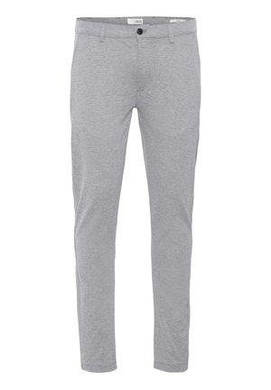 Grå bomullsblandingsbukser med smal passform, med glidelås, knappelukking og standardlommer for funksjonalitet.