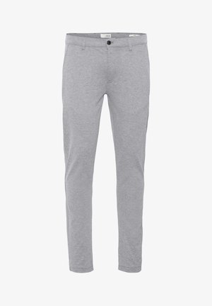 Pelēkas kokvilnas auduma bikses ar šauru piegriezumu, ar rāvējslēdzēja atvēršanu, pogu aizdari un parastajām kabatām funkcionalitātei.