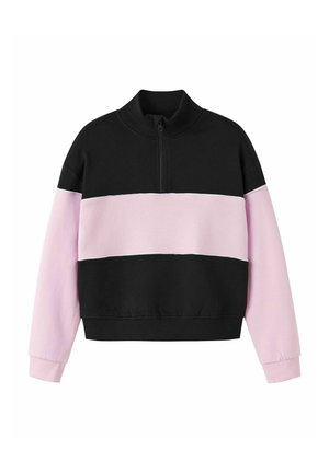 Black and pink color-blocked pullover with a half-zip, featuring long sleeves and a ribbed hem, made from soft, textured fabric.