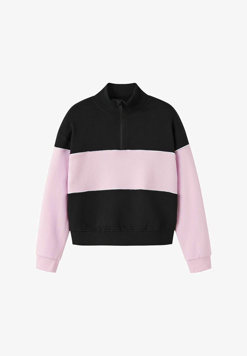 Svart og rosa fargeblokkert genser med halv glidelås, med lange ermer og ribbet nederkant, laget av myk, teksturert stoff.