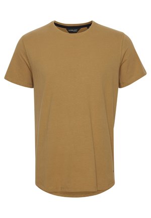 T-shirt a maniche corte con collo rotondo di colore giallo senape, realizzato in cotone morbido, con orlo curvo e dettagli di cucitura tonale.