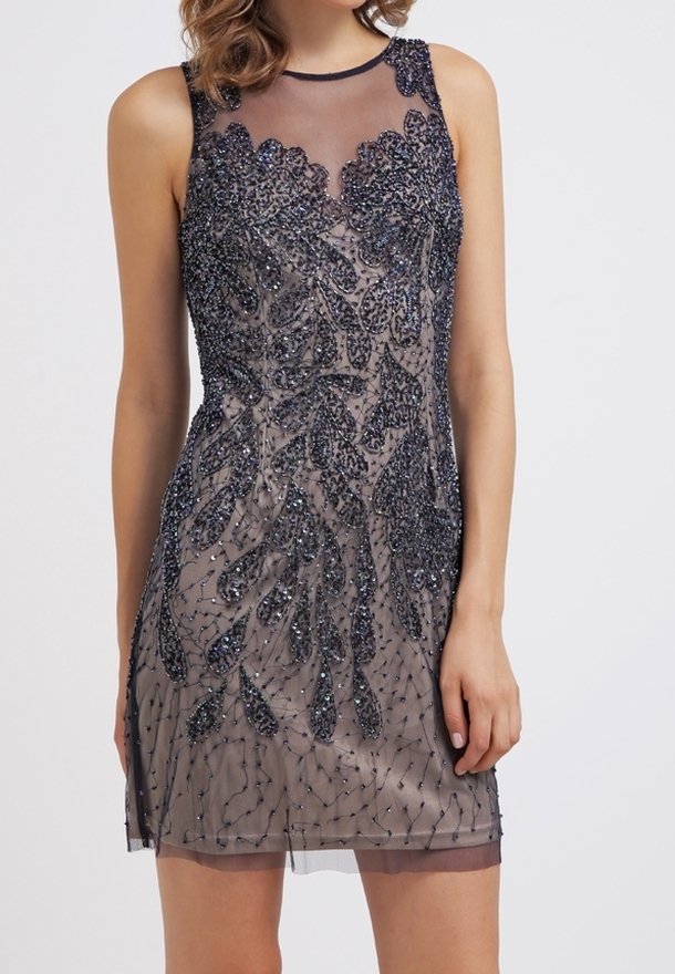 Sequined cocktail dress featuring intricate dark blue floral embroidery on sheer fabric, sleeveless design, and a slightly flared hem.