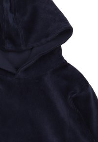 Sudadera con capucha de corduroy azul marino que muestra la textura detallada de la tela y la costura de la capucha, sobre un fondo blanco.
