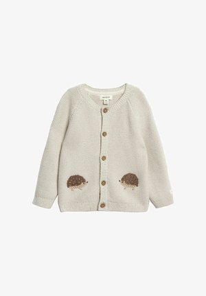 Beige gestrickte Babystrickjacke mit braunen Igelmotiven am unteren Rand und Holzknöpfen entlang der Vorderseite.