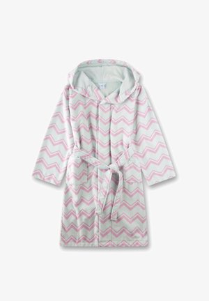 Kapuzentermantel aus weichem, strukturiertem Stoff, mit hellgrauem Grund und rosa Zickzackmustern. Verfügt über einen Taillengürtel und zwei Vordertaschen.