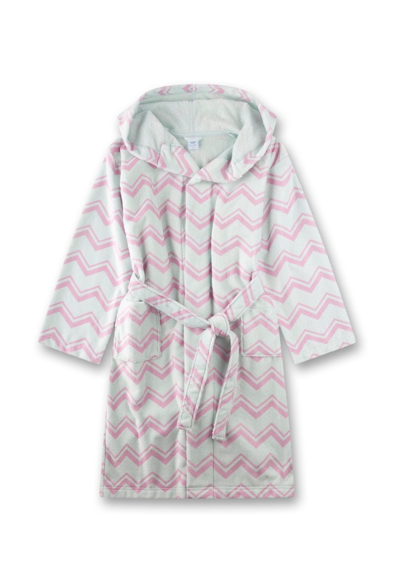 Kapuzentermantel aus weichem, strukturiertem Stoff, mit hellgrauem Grund und rosa Zickzackmustern. Verfügt über einen Taillengürtel und zwei Vordertaschen.