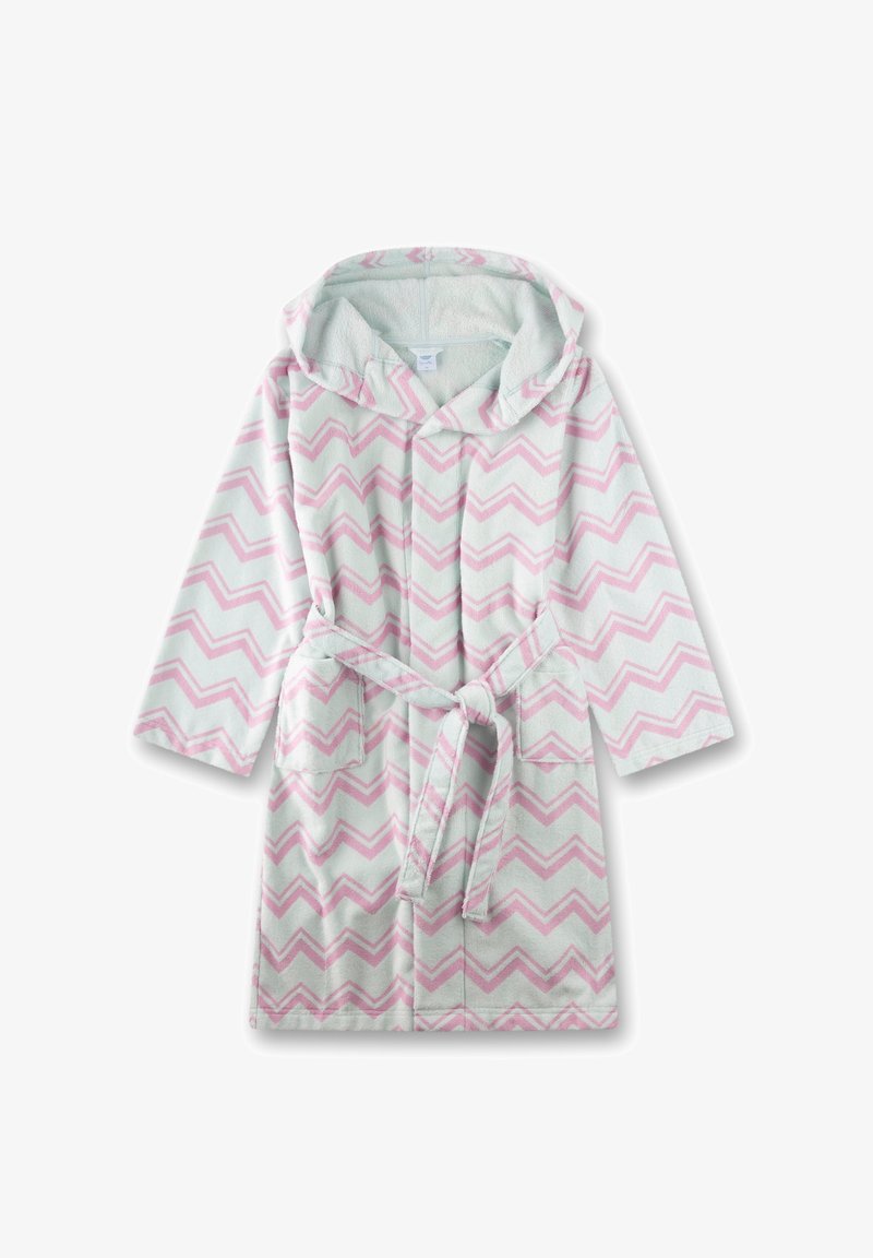Kapuzentermantel aus weichem, strukturiertem Stoff, mit hellgrauem Grund und rosa Zickzackmustern. Verfügt über einen Taillengürtel und zwei Vordertaschen.
