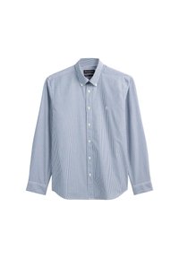Hellblau-weiß gestreifte Langarmhemd mit knopflosem Kragen und kleinem Logo auf der Brust; aus einem gewebten Stoff gefertigt.