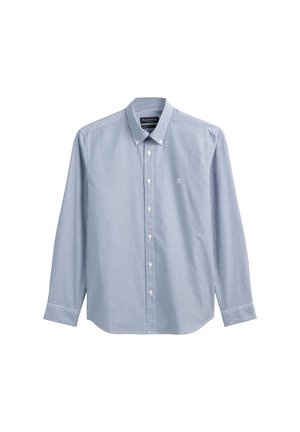 Hellblau-weiß gestreifte Langarmhemd mit knopflosem Kragen und kleinem Logo auf der Brust; aus einem gewebten Stoff gefertigt.