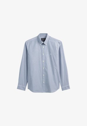 Hellblau-weiß gestreifte Langarmhemd mit knopflosem Kragen und kleinem Logo auf der Brust; aus einem gewebten Stoff gefertigt.