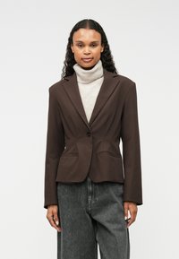 Brūns pielāgots žakets ar iegrieztiem uzšuvēm, ar vienu pogu aizdari, divām priekšējām kabatām un ciešu piegulšanu, valkāts virs gaiši pelēka augsta apkakle.